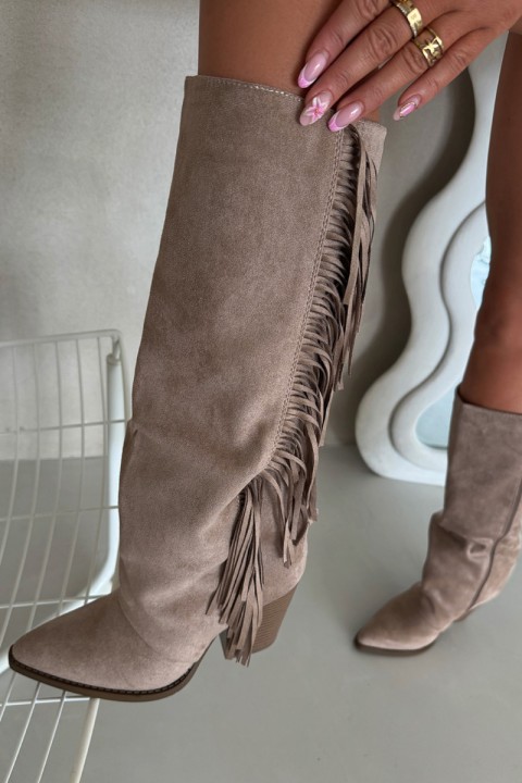 Women's Cowboy Boots With Fringes On A Heel Beige Tivara