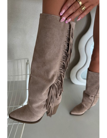 Women's Cowboy Boots With Fringes On A Heel Beige Tivara