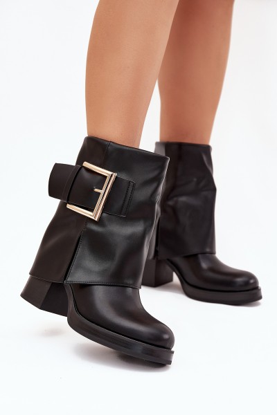 Women's Insulated Heeled Boots with Golden Buckle Black Milira