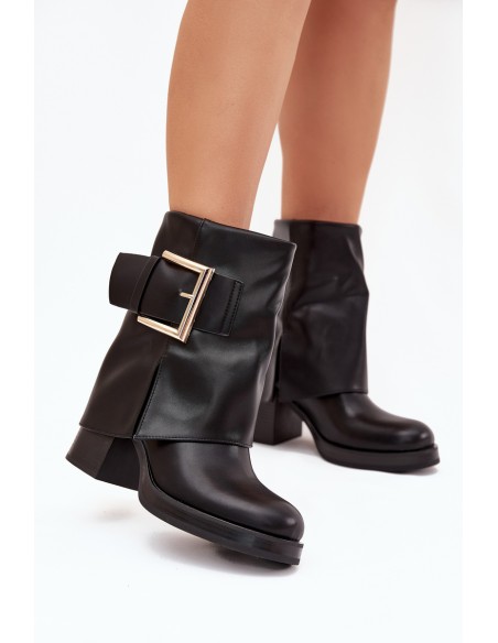 Women's Insulated Heeled Boots with Golden Buckle Black Milira