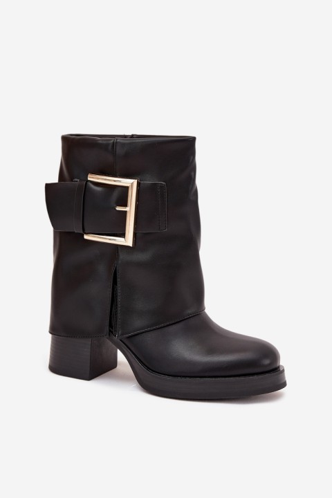 Women's Insulated Heeled Boots with Golden Buckle Black Milira