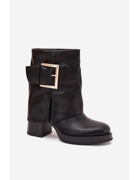 Women's Insulated Heeled Boots with Golden Buckle Black Milira