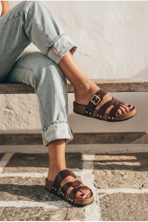 Women's Faux Leather Strappy Sandals with Buckle Chocolate Cambria