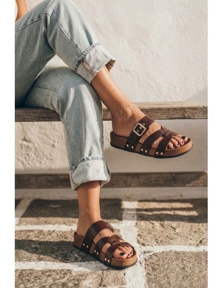 Women's Faux Leather Strappy Sandals with Buckle Chocolate Cambria