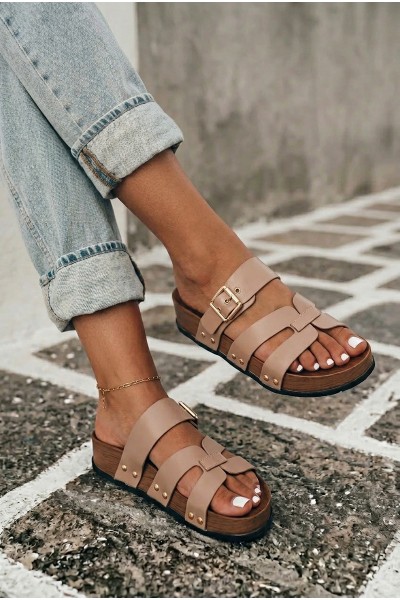 Women's Beige Imitation Leather Strap Slides With Buckle Cambria