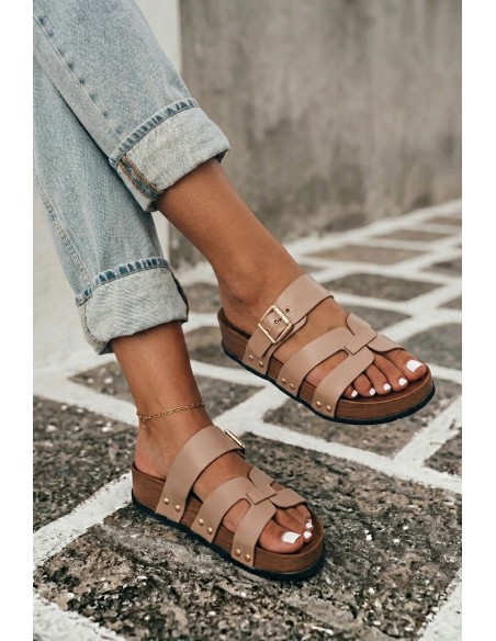 Women's Beige Imitation Leather Strap Slides With Buckle Cambria