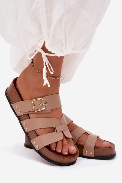 Women's Beige Imitation Leather Strap Slides With Buckle Cambria 2