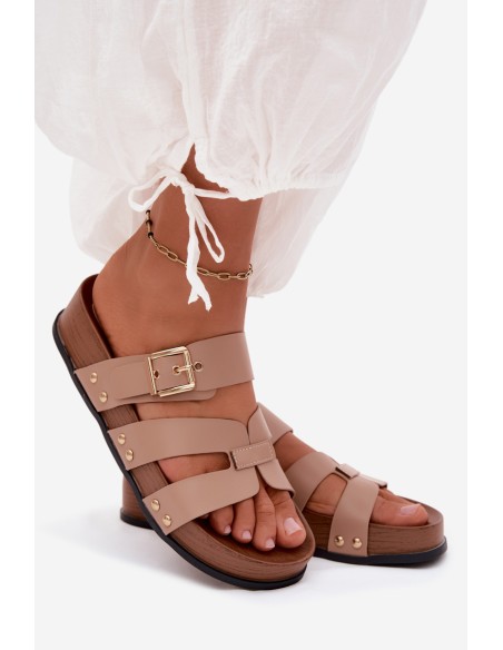 Women's Beige Imitation Leather Strap Slides With Buckle Cambria