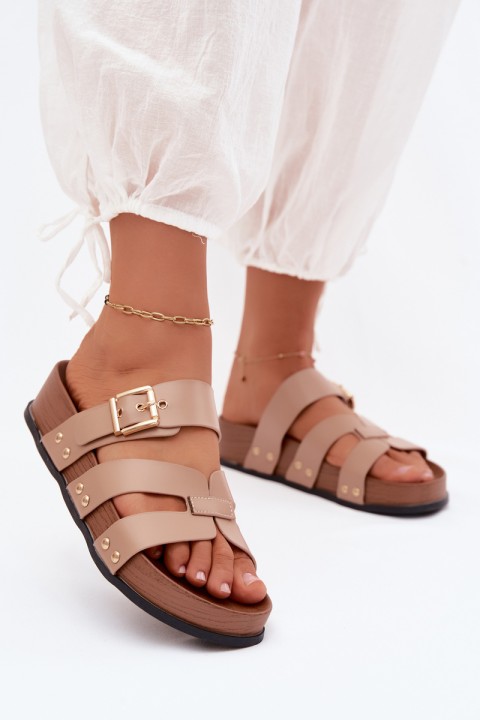 Women's Beige Imitation Leather Strap Slides With Buckle Cambria