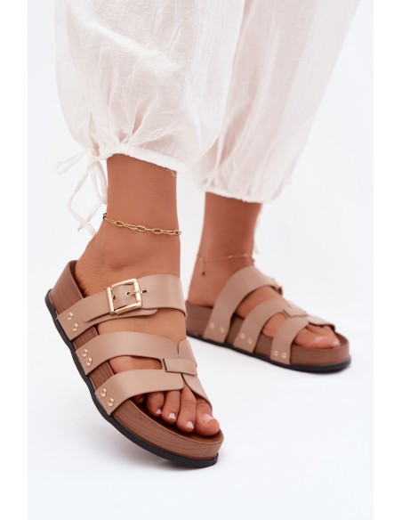 Women's Beige Imitation Leather Strap Slides With Buckle Cambria