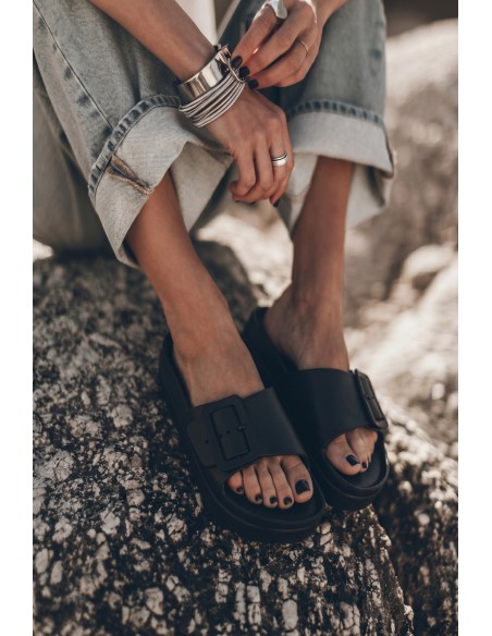 Women's Foam Platform Slides With Buckle Black Caramel