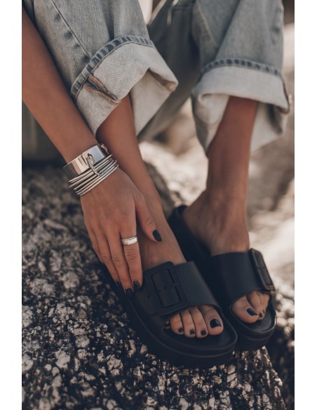 Women's Foam Platform Slides With Buckle Black Caramel