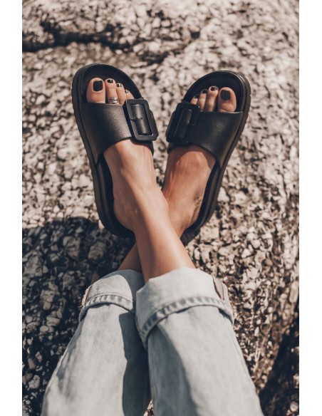 Women's Foam Platform Slides With Buckle Black Caramel