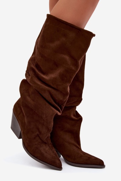 Women's Brown Suede Wrinkled Shaft Heeled Boots Durela