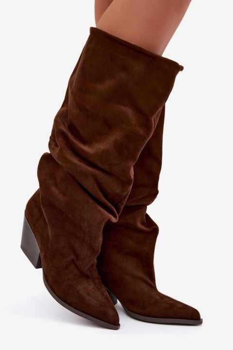 Women's Brown Suede Wrinkled Shaft Heeled Boots Durela