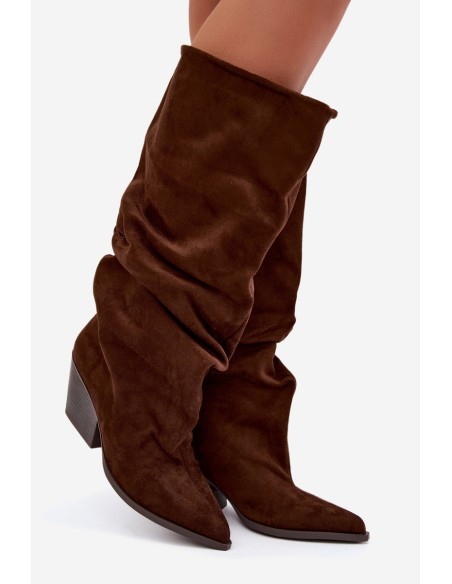 Women's Brown Suede Wrinkled Shaft Heeled Boots Durela