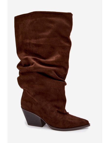 Women's Brown Suede Wrinkled Shaft Heeled Boots Durela