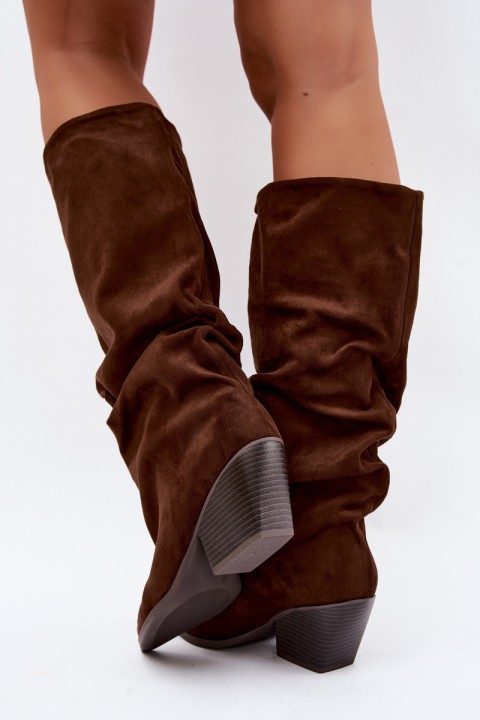 Women's Brown Suede Wrinkled Shaft Heeled Boots Durela