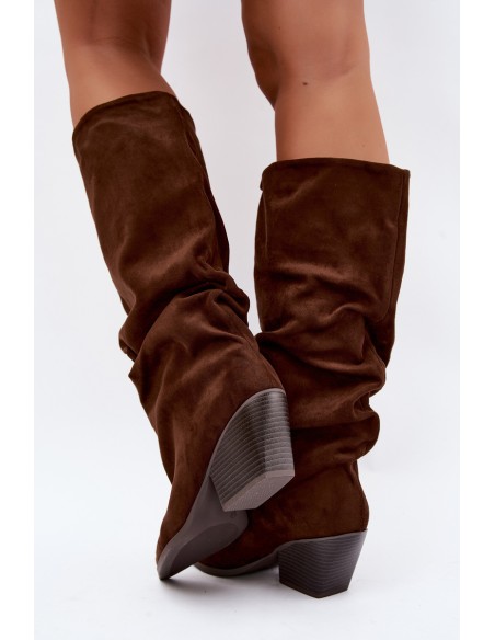 Women's Brown Suede Wrinkled Shaft Heeled Boots Durela