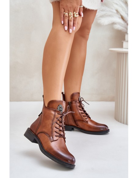 Insulated Ankle Boots With Flat Heel And Decoration Camel Leonise
