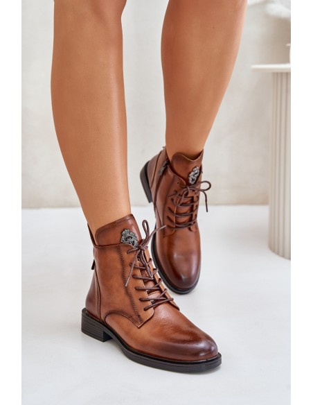 Insulated Ankle Boots With Flat Heel And Decoration Camel Leonise