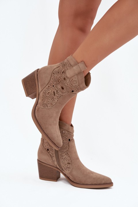 Women's Cowboy Boots with Openwork Pattern Beige Nolvina