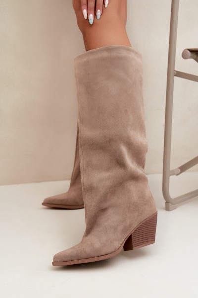 Slip-On Knee-High Boots with Heel and Pointed Toe Khaki Blenia