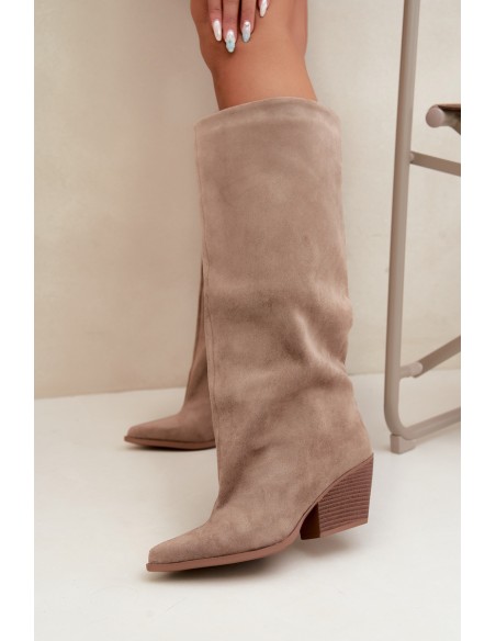 Slip-On Knee-High Boots with Heel and Pointed Toe Khaki Blenia