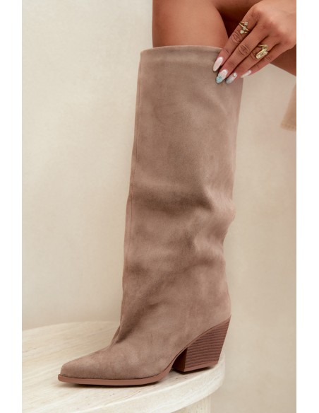 Slip-On Knee-High Boots with Heel and Pointed Toe Khaki Blenia