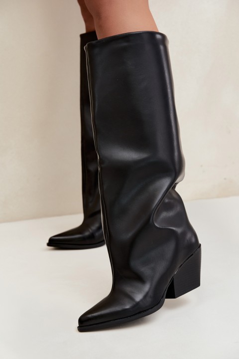 Black Eco Leather Slip-On High Heel Boots With Pointed Toe Blenia