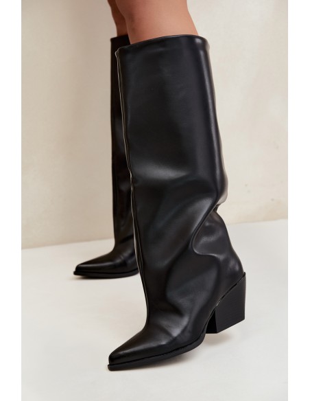 Black Eco Leather Slip-On High Heel Boots With Pointed Toe Blenia