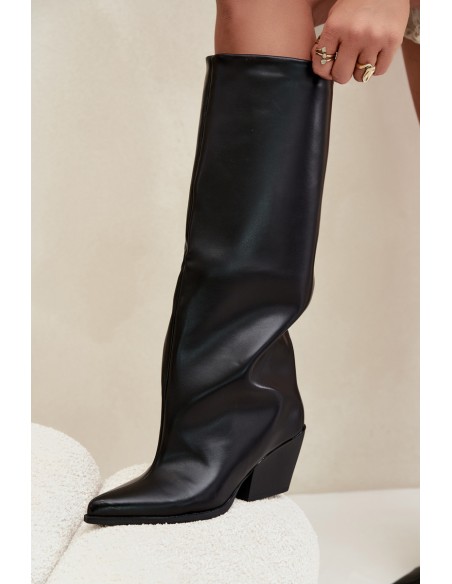 Black Eco Leather Slip-On High Heel Boots With Pointed Toe Blenia