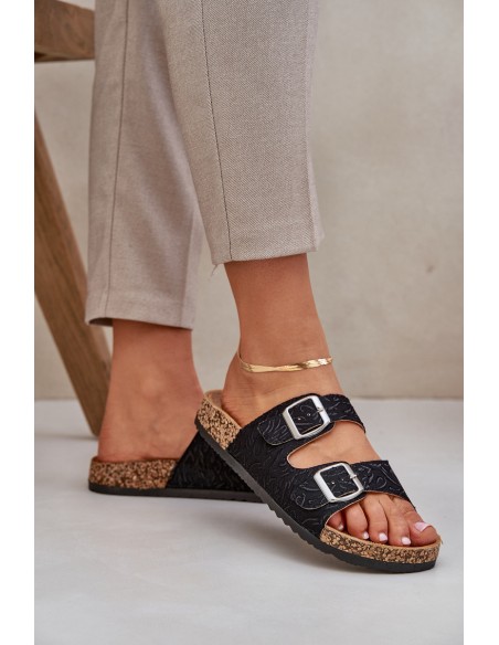 Fabric Slippers On Cork Sole With Buckles Black Atera