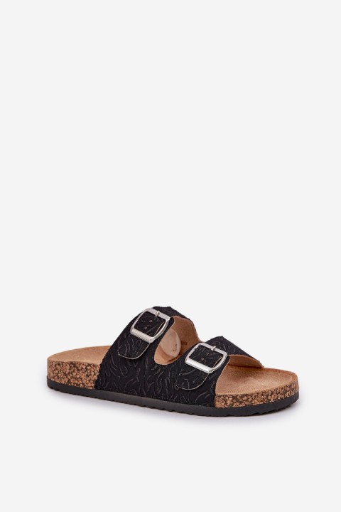 Fabric Slippers On Cork Sole With Buckles Black Atera