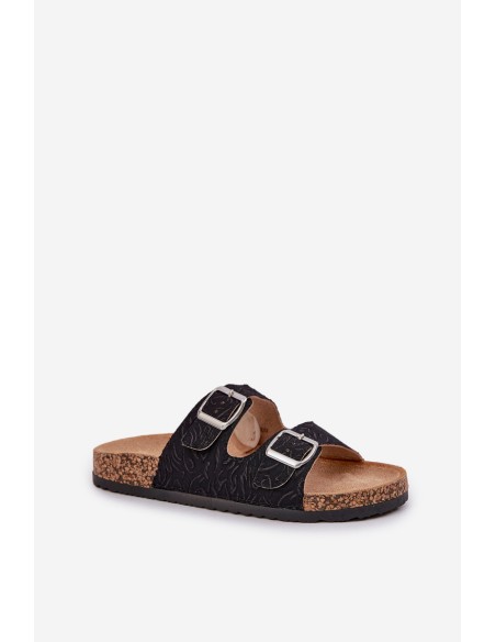 Fabric Slippers On Cork Sole With Buckles Black Atera