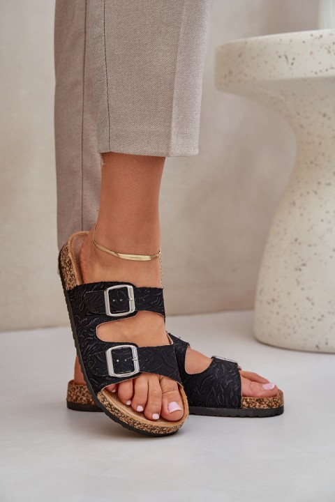 Fabric Slippers On Cork Sole With Buckles Black Atera