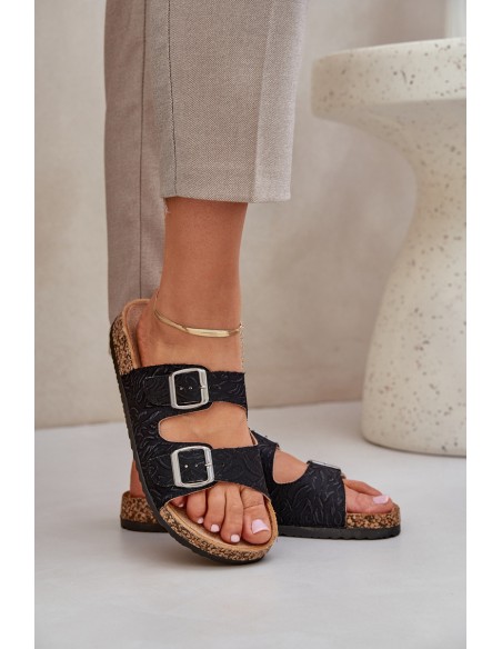 Fabric Slippers On Cork Sole With Buckles Black Atera