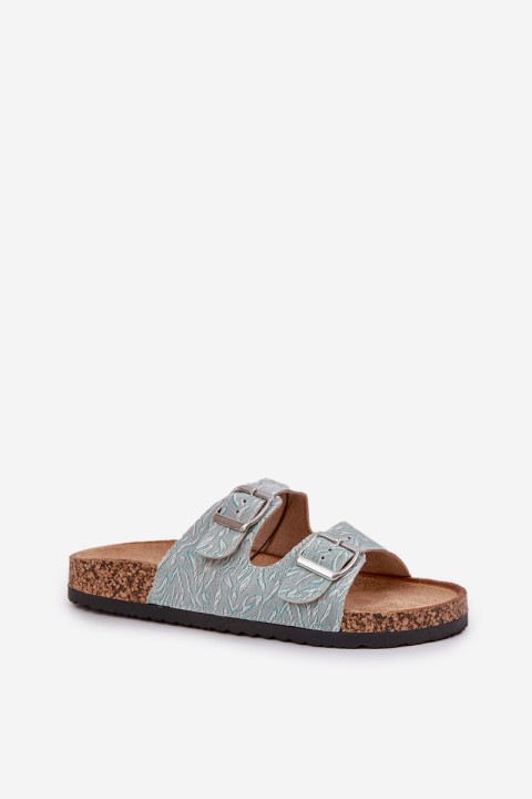 Fabric slippers on cork sole with buckles mint Atera