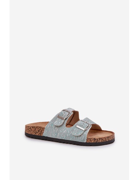 Fabric slippers on cork sole with buckles mint Atera
