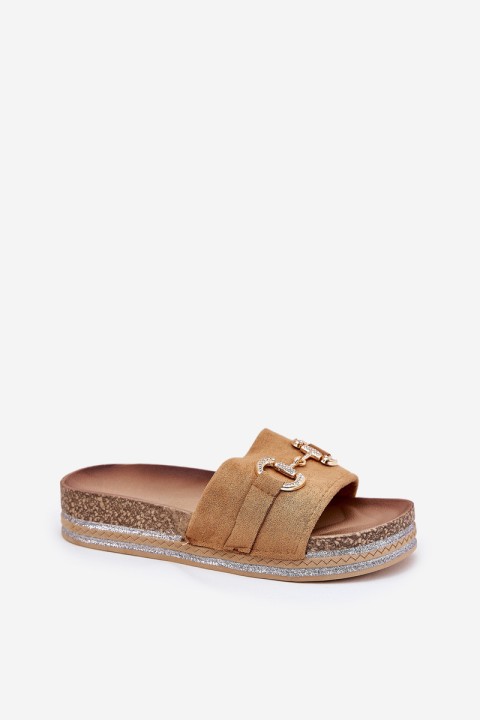 Ladies Platform Slippers With Golden Decoration And Glitter Camel Morisela