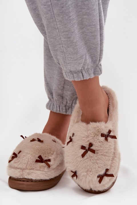 Furry Women's Slippers with Bows Beige Saviera