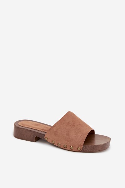 Women s Flat Heel Slippers with Gold Buckles Brown Girella 2