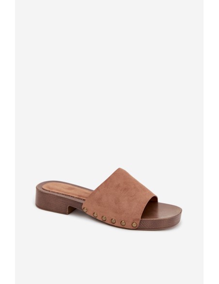 Women s Flat Heel Slippers with Gold Buckles Brown Girella