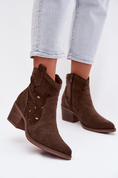 Women's Cowgirl Ankle Boots with Lace Pattern Chocolate Nolvina