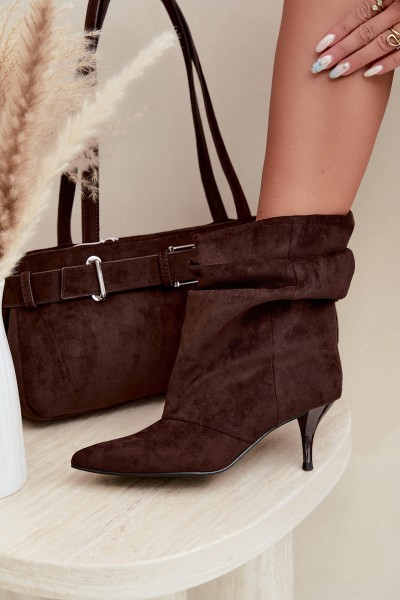 Women's Chocolate Brown Slip-On Ankle Boots with Heel Slouchy Yesenia