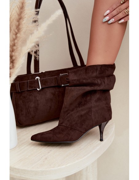 Women's Chocolate Brown Slip-On Ankle Boots with Heel Slouchy Yesenia