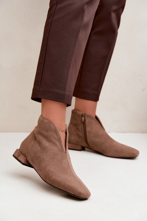 Low Ankle Boots With Cut-Out Zip Flat Heel Dark Beige Canella