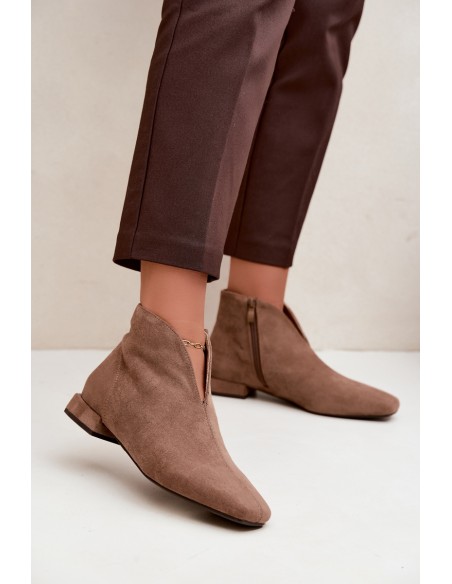 Low Ankle Boots With Cut-Out Zip Flat Heel Dark Beige Canella