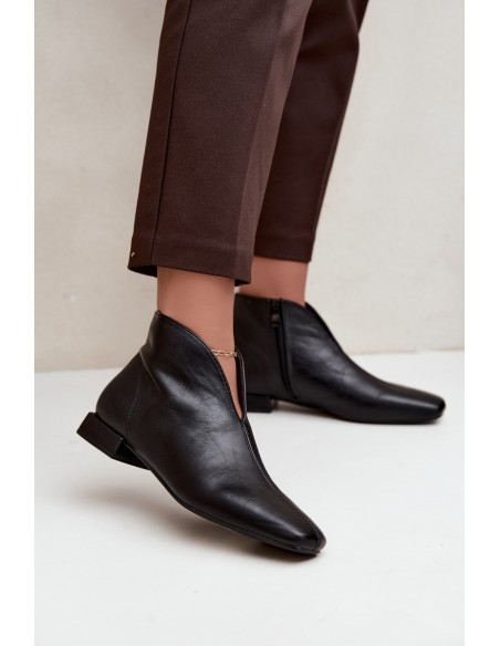 Black Low Ankle Boots With Cut-Out Zip And Flat Heel Eco Leather Canella