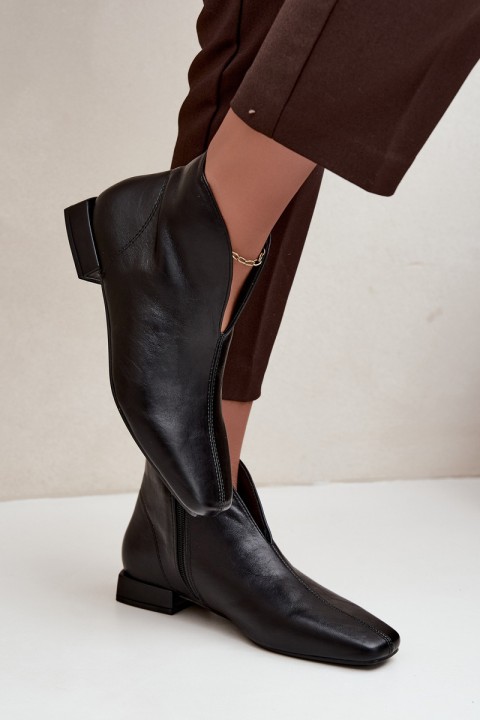 Black Low Ankle Boots With Cut-Out Zip And Flat Heel Eco Leather Canella